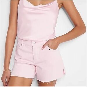Express Boyfriend Midi Mid-rise Bubblegum Pink Distressed Raw Hem Jean Shorts
